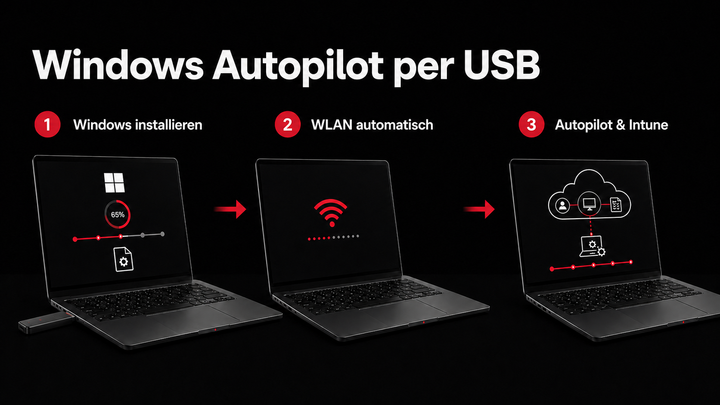 Drei Laptops zeigen den Ablauf einer automatisierten Windows-Bereitstellung: Installation per USB-Stick, automatische WLAN-Verbindung und Einrichtung über Windows Autopilot und Intune.